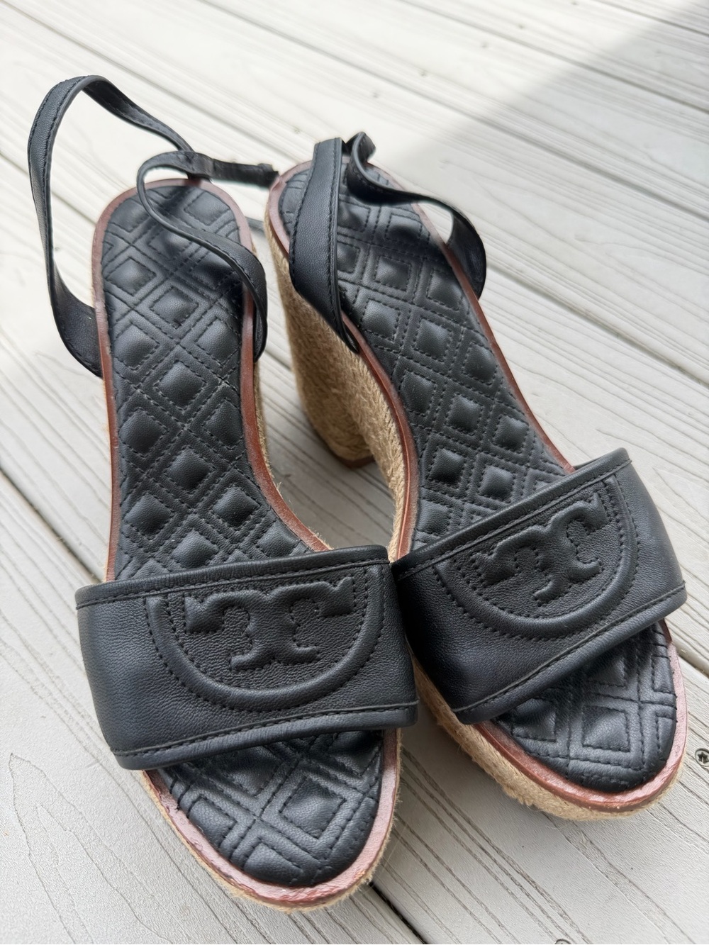 Tory Burch Black Quilted Leather Espadrille Wedge Sandals with Logo Strap